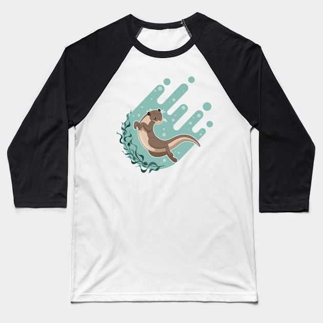 Sea otter floating on water with kelp forest vector illustration Baseball T-Shirt by tomodaging